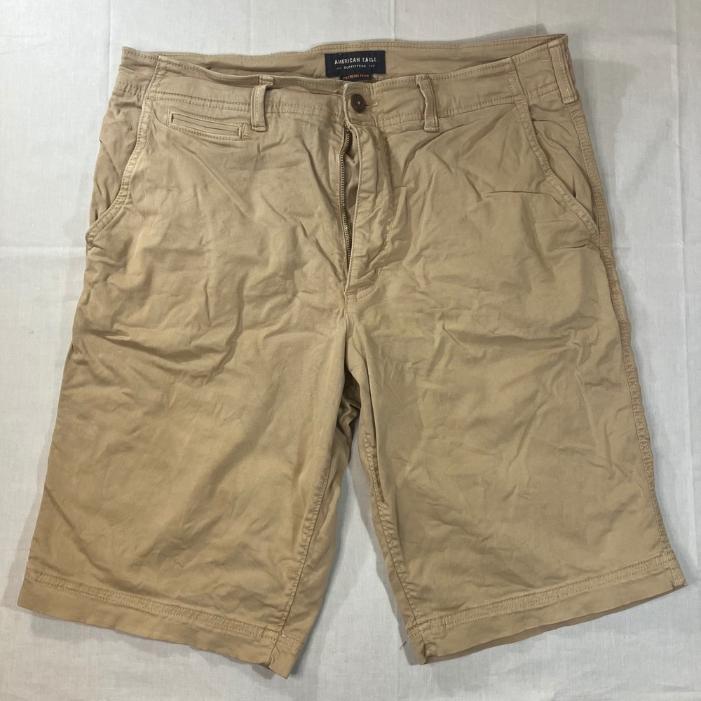 American Eagle Extreme Flex Longer Length Khaki Chino Shorts Mens 34 Tan Stretch
